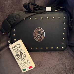 Valentino Orlandi Black Vegan Leather Crossbody with Gold Studs